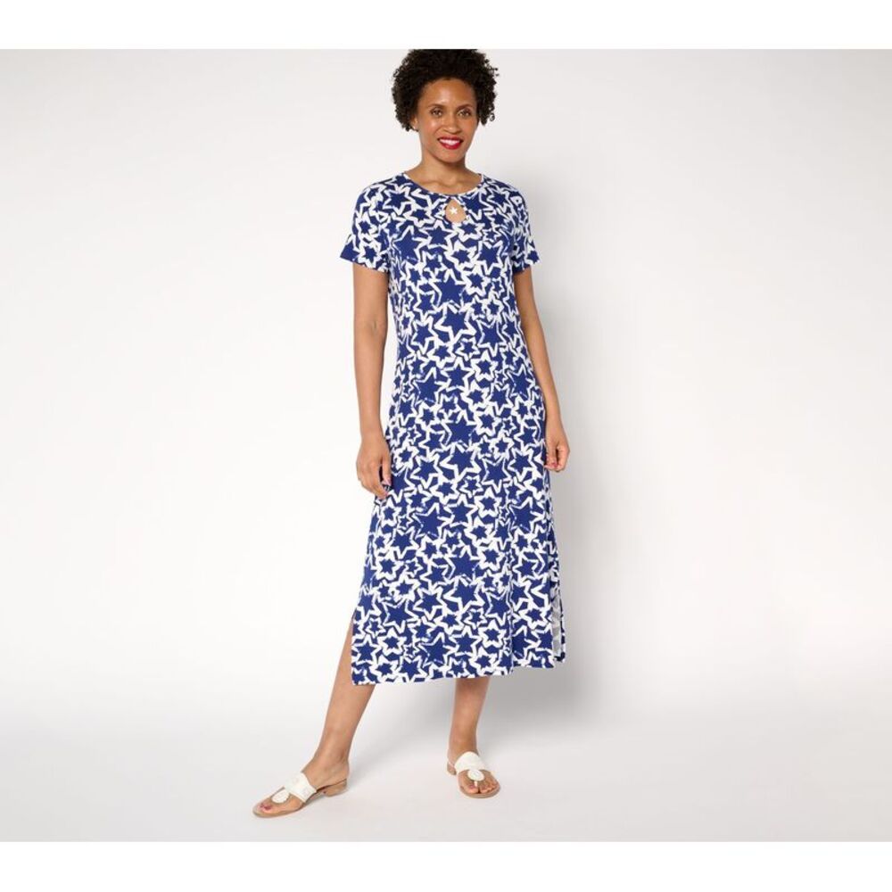 Quacker Factory Women's Plus Sz Dress 3X Short Starlet Keyhole Maxi Blue A690394